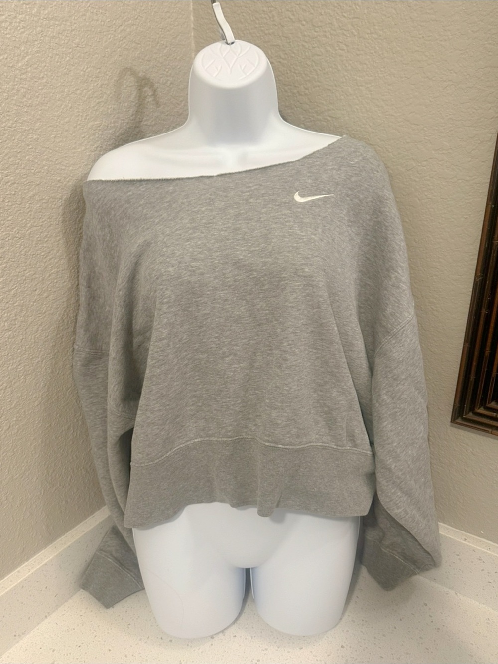 Nike Light Gray Off-Shoulder Pullover with White Swoosh